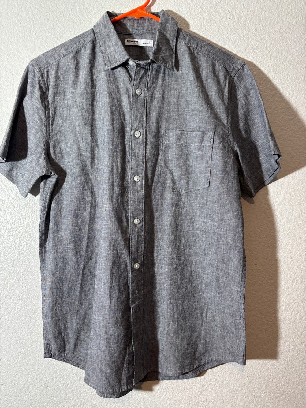 Sonoma Men's Size S Gray Linen Cotton Blend Button-Up Short Sleeve Shirt